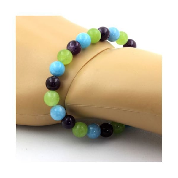 Stenar och mineraler. Ametist Beads Armband + Blå Kalcedon + Peridot 8 mm. Tillverkad i Frankrike. Lila, blå, grön