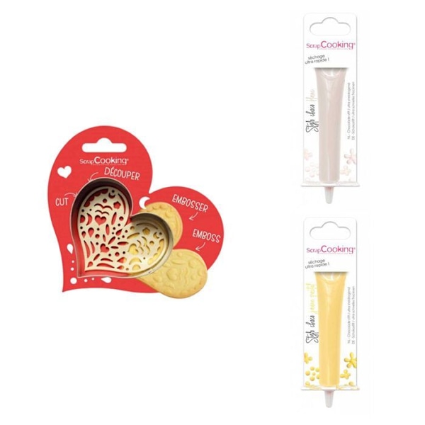 Hjertepræget kiksesæt + 2 hvide og pastelgule chokoladepenne Grå