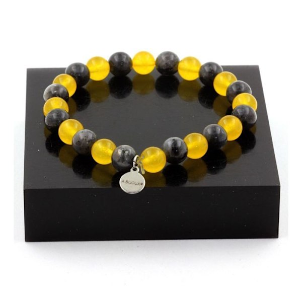 Sten og mineraler. Labradorite Beads Armbånd + Gul Agat 8 mm. Fremstillet i Frankrig. Gul, grå