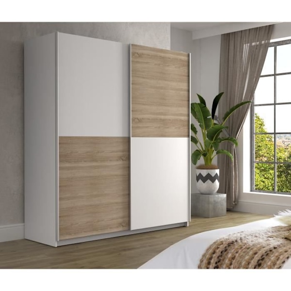 Garderobe med 2 skydelåger - Spånplade - Eg og hvid indretning - L 170,3 x D 61,2 x H 190,5 cm - ULOS Ek och vit dekor