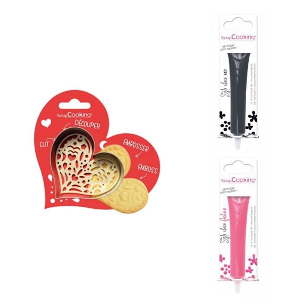 Hjertepræget kiksesæt + 2 mørk chokolade og fuchsia penne Grå
