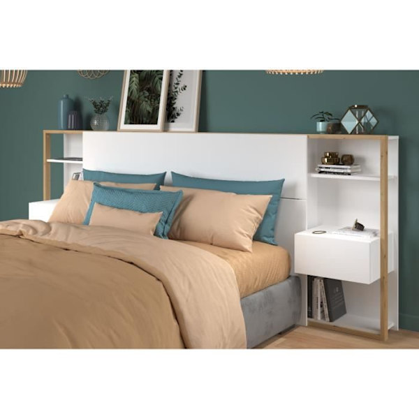 PARISOT Sengegavl med hylder + integrerede sengeborde - Hvid og eg indretning - L 255 x D 36 x H 103 cm - HVID Vitt och ek