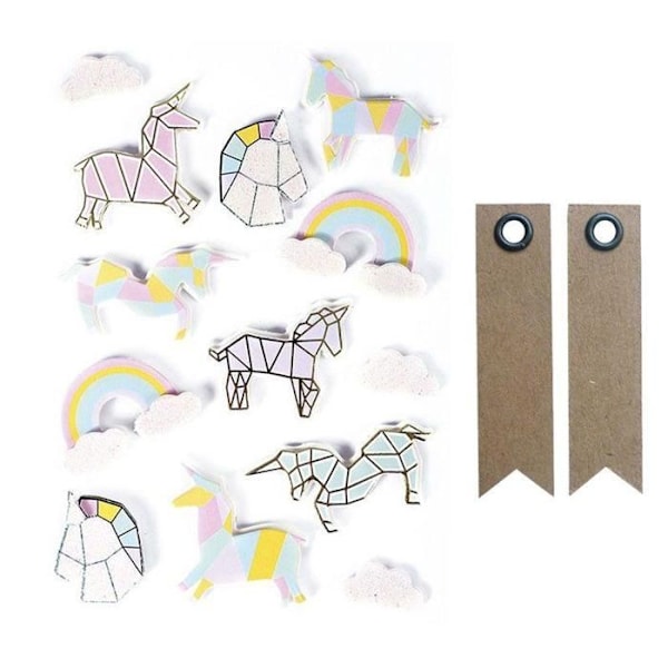 13 3D Unicorn stickers 5 cm + 20 vimpel kraftetiketter