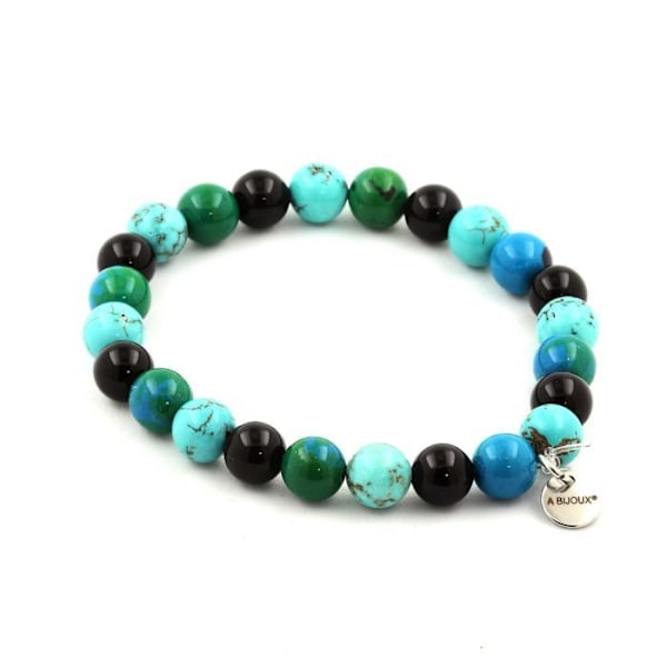 Stenar och mineraler. Chrysocolla + Turkos + Black Agate Beads Armband 8 mm. Tillverkad i Frankrike. Grön, Blå, Svart