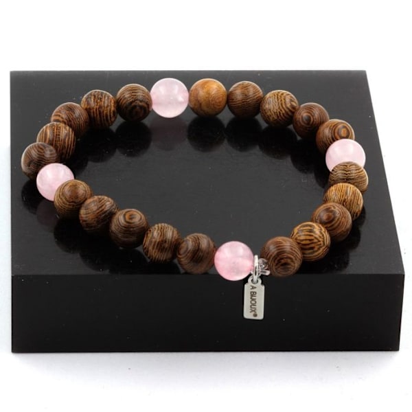 Sten og mineraler. Lyserøde kvartsperler + træarmbånd 8 mm. Fremstillet i Frankrig. Rosa