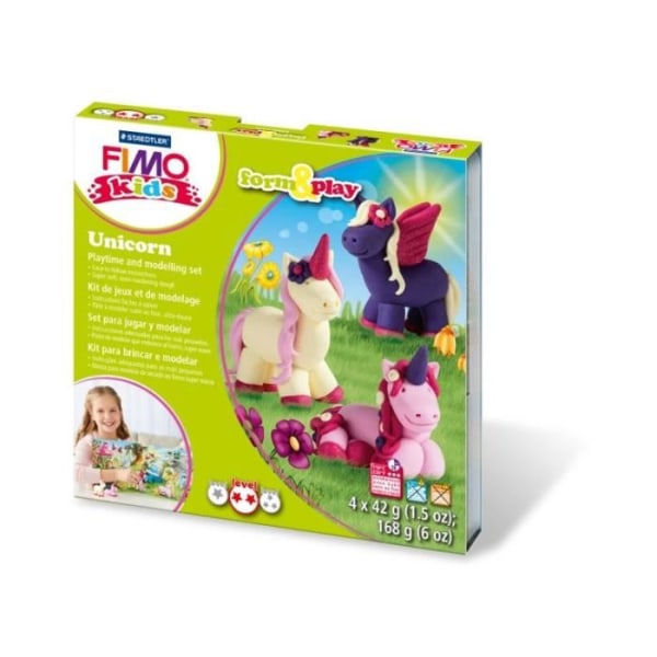 Fimo Kids Unicorn Kit - Staedtler - Form&amp;Play - 4 olika 42 g modelleringslerlimpor + modelleringsverktyg + dekor