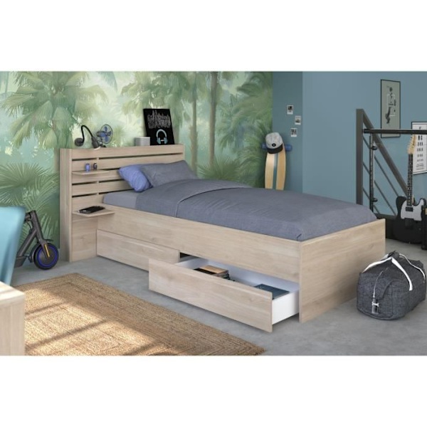 ESCALE barnsäng 90x190/200 cm - Ekdekor - Sänggavel + 2 lådor - L121,5 x H88,6 x D216,8 cm Japansk ek