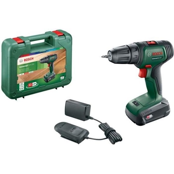 Bosch akku bore-skruetrækker - UniversalDrill 18V 40Nm + 1 1,5 Ah batteri, 1 oplader, 1 dobbelt skruetrækker bit og æske