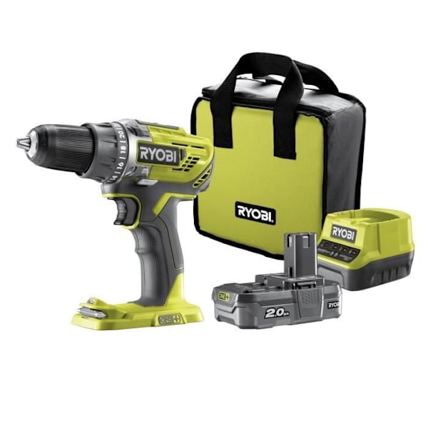 RYOBI - 18V ONE+ pora-ruuvimeisseli - 50 Nm - 500-1800 rpm - 13 mm istukka + 1 2 Ah akku, laturi & laukku - R18DD3-120S Grått och grönt