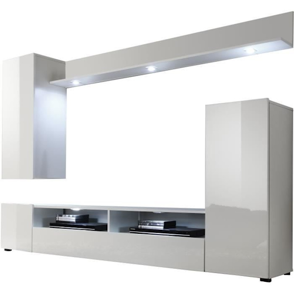 DOS TV kaappi - LED-valaistus mukana - 3 ovea - Matta ja kiiltävä valkoinen melamiini - L208 x S33 x K165 cm Matt vit och blank vit