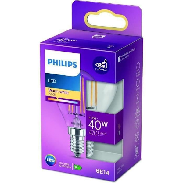 PHILIPS LED Classic 40W sfärisk E14 varmvit ej dimbar Vit varm