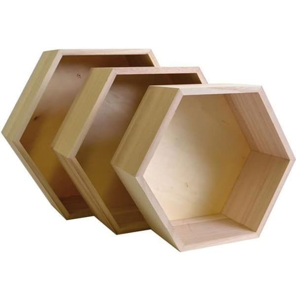 2 block med 3 hexagonala hyllor i trä 24-30 cm brun