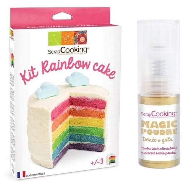 Rainbow Cake -pakkaus + 1 kullanvärinen irisoiva syötävä jauhe Flerfärgad