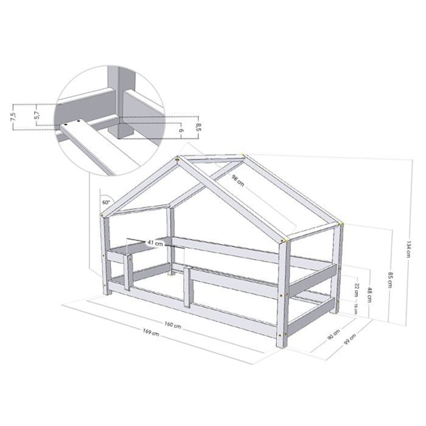 Lit cabane enfant LUCKY 90 x 160 vaaleanharmaa Grå