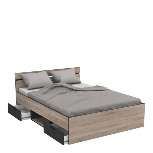DEMEYERE Michigan Voksenseng 140x190 cm - 2 skuffer og 1 niche - Industriel - Børstet eg og sort indretning Borstad ek och svart