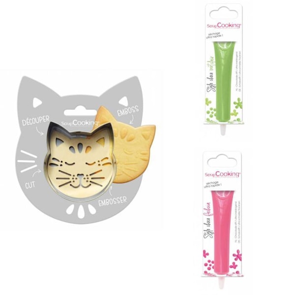Kattpräglat kakkit + 2 ljusgröna och fuchsia chokladpennor Grå