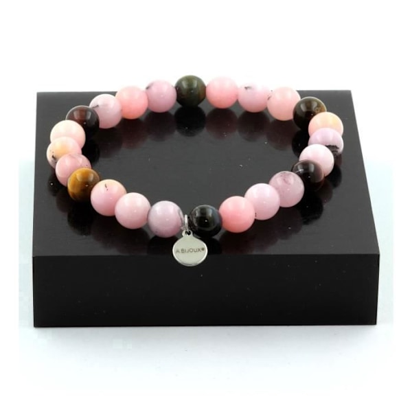 Sten og mineraler. Pink Opal + Multifarvet Tiger Eye Beads Armbånd 8 mm. Fremstillet i Frankrig.