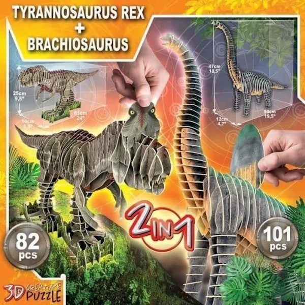 2 I 1 T-REX + BRACHIOSAURUS 3D VARELSEPUZSEL Flerfärgad