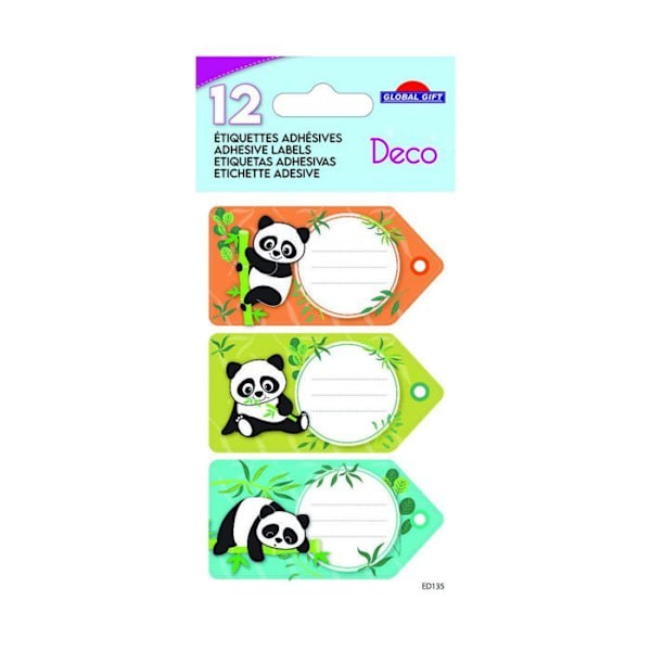 12 självhäftande skoletiketter - Rektangel - Pandas Vit