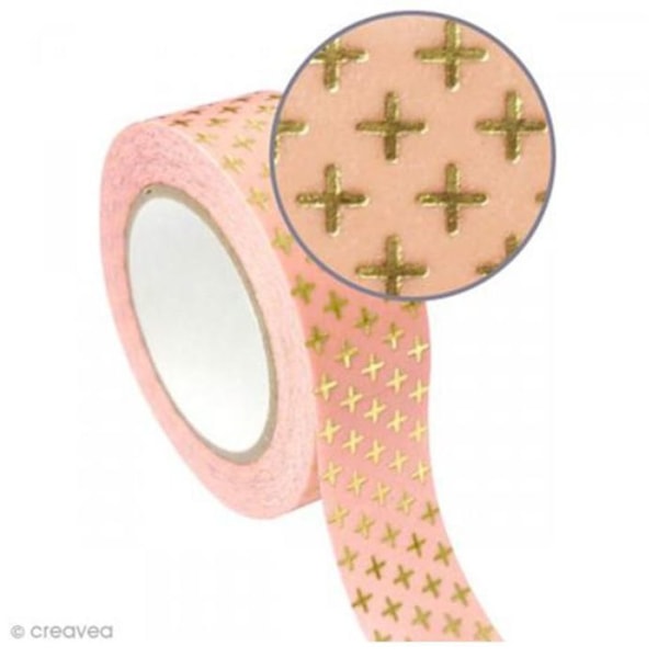 2 maalarinteippiä 1,5 cm x 10 m - vaaleanpunainen tausta ja kultainen risti Rosa