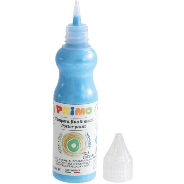 PRIMO 2532FM8 gouache i overlegen kvalitet i flaske med tud, 8 farver: 4 fluorescerende farver og 4 metalfarver.