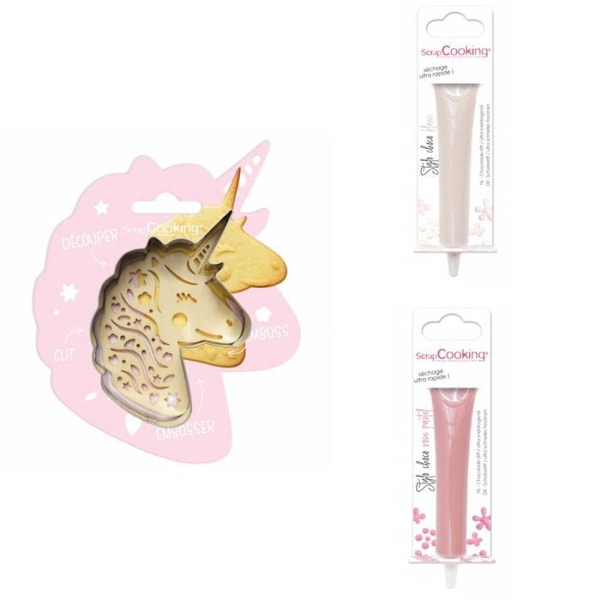 Unicorn præget kiksesæt + 2 hvid chokolade og pastel pink penne Grå