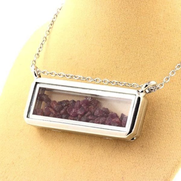 Collier - ABIJOUX - Model rektangel - Rå rubin - Rustfrit stål - Flydende glas Röd