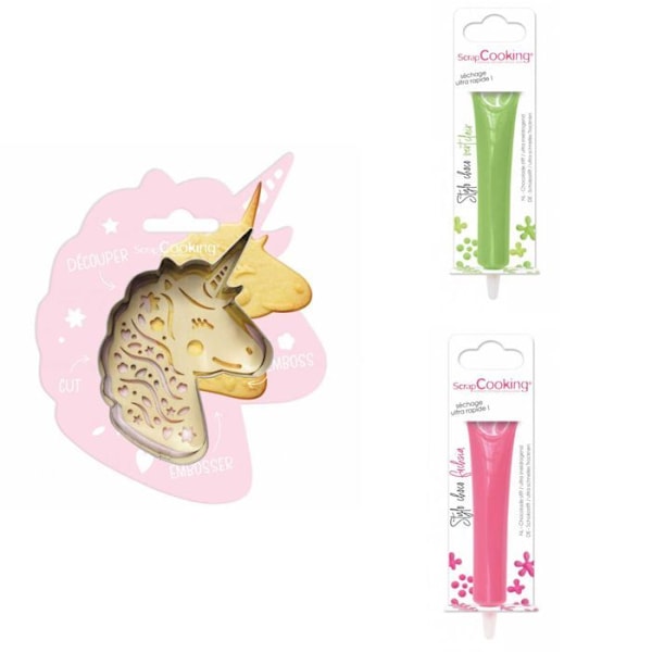 Unicorn præget kiksesæt + 2 lysegrønne og fuchsia chokoladepenne Grå
