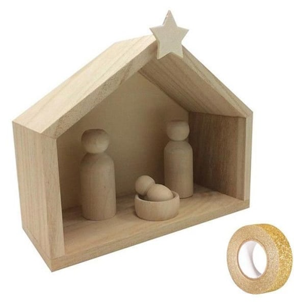 Julkrubba i trä + bönder 18 x 8 x 15 cm + guldglitter maskeringstejp 5 m Beige