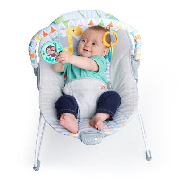 BRIGHT STARS Transat baby - Safari - Båge med avtagbara stimulerande leksaker inklusive en babyspegel, 3-punkts sele, lugnande vibrationer. Flerfärgad