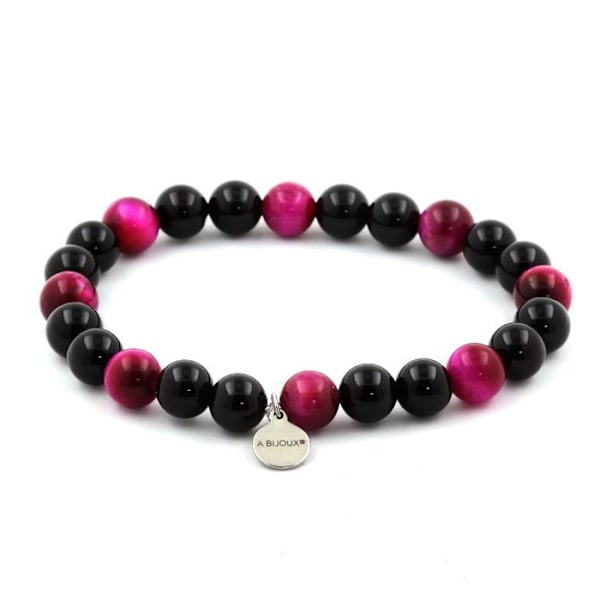 Sten og mineraler. Fuschia Tiger Eye Beads Armbånd + Sort Agat 8 mm. Fremstillet i Frankrig. Fuschia, svart