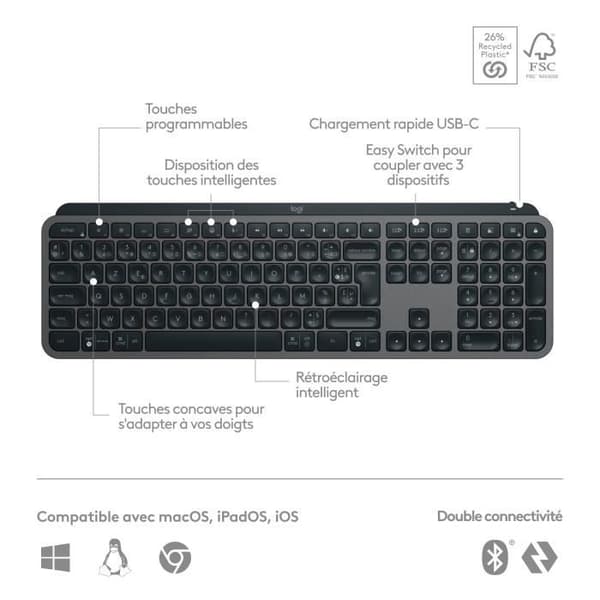 Tangentbord - Trådlöst - Logitech - MX Keys S - AZERTY - Grafit
