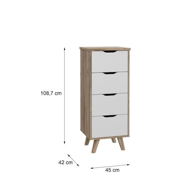 4-skuffers kommode - I spånplade - Eg og hvid indretning - Moderne - L 45 x D 42 x H 108 cm Matt vit / Naturlig ek