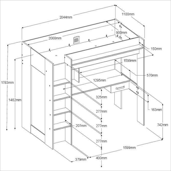 PARISOT HIGH kombinerad mezzaninbädd för barn - Ek och grå - Boxfjäder ingår - 90 x 200 cm Ek/Grå