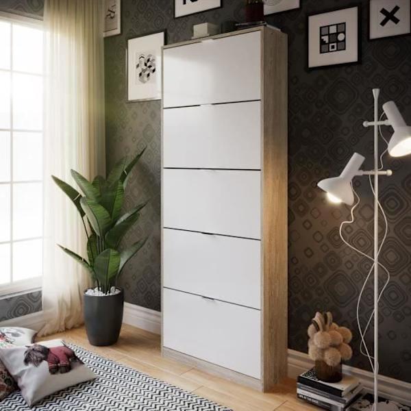 Skoskab - 5 døre - Eg og hvid - 75x24x190 cm - Leona Vit ek
