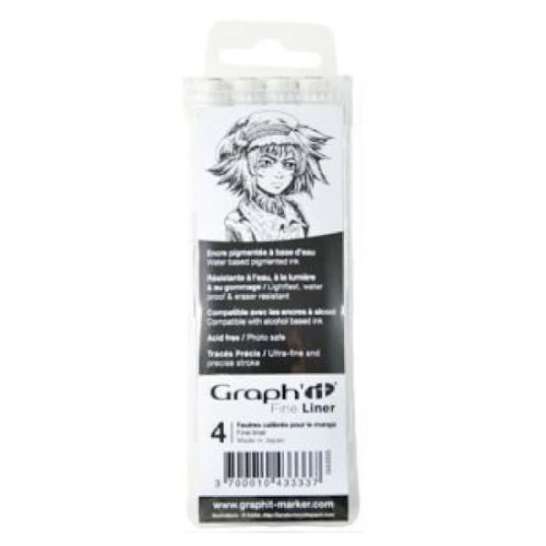 Fine liners - Graph'It - Pakket med 4 - Sort - Kalibre 0,3 til 1 mm - Pigmenteret vandbaseret blæk
