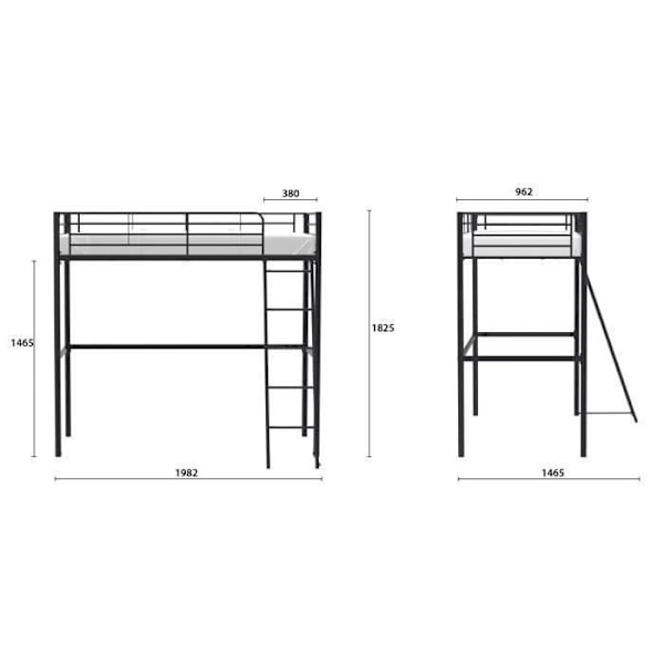 ELIOT børne mezzaninseng i sort metal 90x190cm med boxspring medfølger Svart