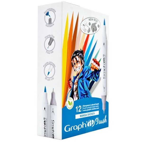 Manga Shonen set med 12 GRAPH'IT Brush & Extra fina alkoholmarkörer Flerfärgad