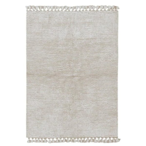 Beige och vit ullmatta med pompom finish - 120 x 170 cm