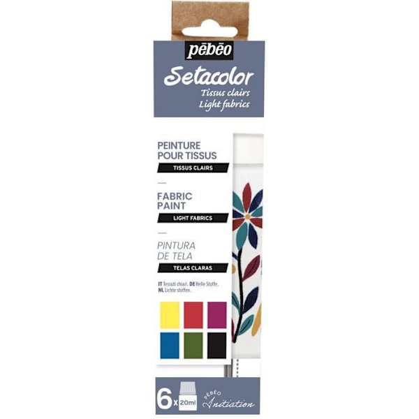 Maling til lette stoffer - PEBEO - Setacolor Set Initiation - 6 uigennemsigtige farver Citrongul, Kardinalröd, Fuchsia, Ko