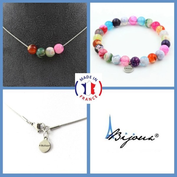 Korusetti - A Bijoux - Rannekoru ja kaulaketju - Halkeillut fuksia-agatti - 4 helmeä - Mukautettavissa oleva koko Flerfärgad