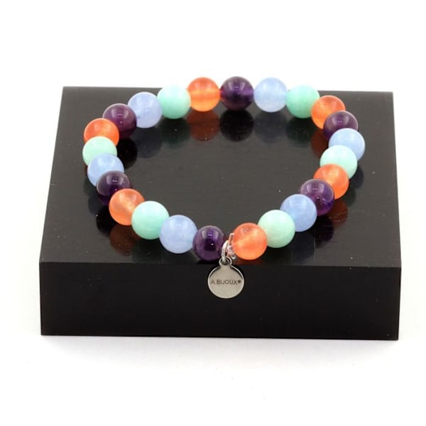 Stenar och mineraler. Akvamarin + Amazonit + Ametist + Chalcedony Beads Armband Tillverkat i Frankrike. Blå, Orange