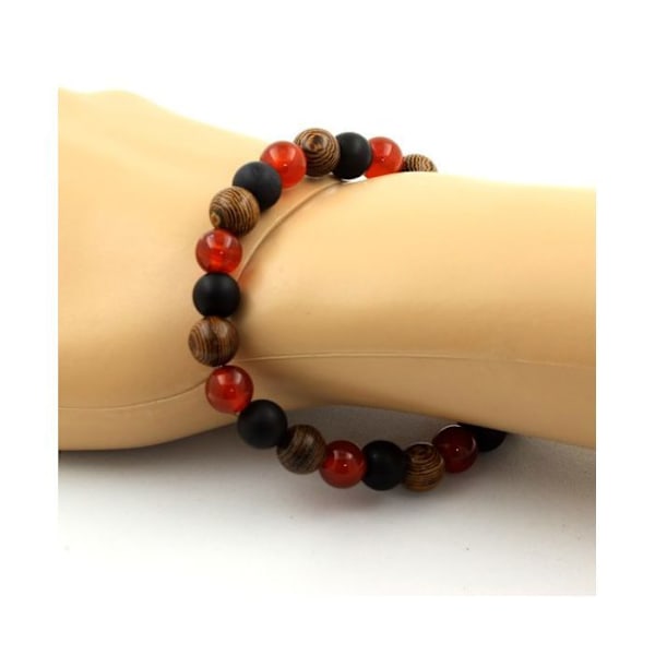 Stenar och mineraler. Armband Röda Agatpärlor + Mattsvart Onyx + Trä 8 mm. Tillverkad i Frankrike. röd svart