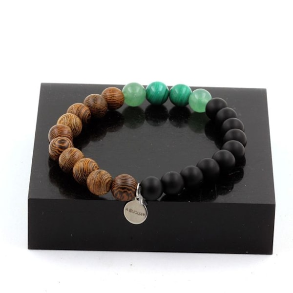 Sten og mineraler. Congo Malachite Beads Armbånd + Aventurin + Mat Sort Onyx + Træ Lavet i Frankrig. Grön, svart, brun