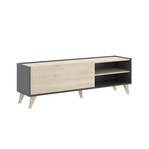 NESS tv-skab - 1 klap 2 nicher - Grafit- og eg-dekor - L 155 x D 43 x H 47 cm ljust trä/grafit