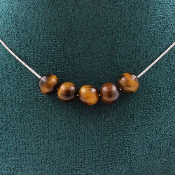Collier - ABIJOUX - Oeil de Tigre - 5 perler - Rustfrit stål - Justerbar størrelse