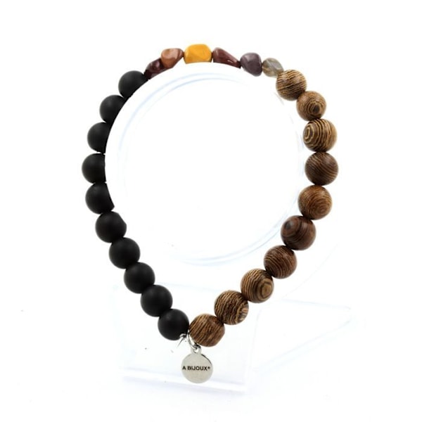 Stenar och mineraler. Mookaite armband från Australien + Mattsvarta Onyxpärlor + 8 mm trä. Tillverkad i Frankrike. Mokaïte, mat svart onyx, trä