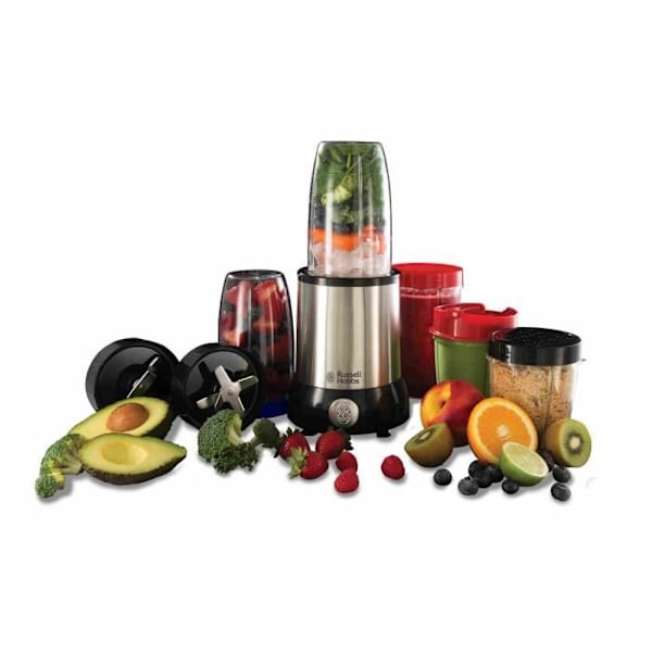 Blender - RUSSELL HOBBS - Nutri Boost 23180-56 - 700 W røremaskine - 15 tilbehør - 3 skåle (700 ml) - 2 skåle (350 ml) Rustfrit stål og sort