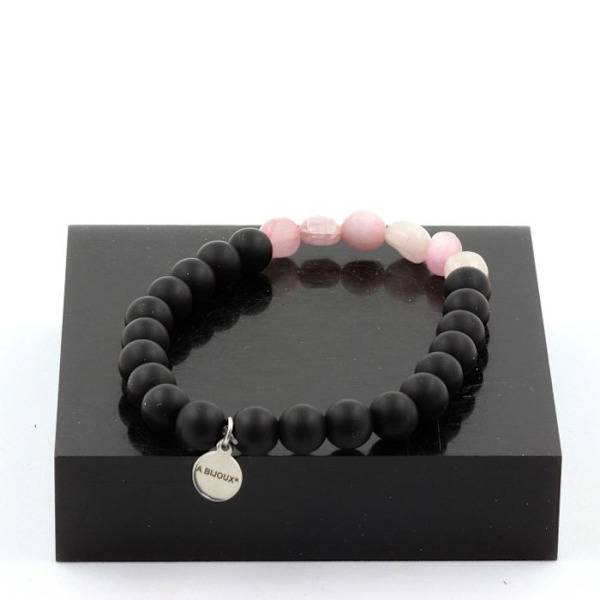 Sten og mineraler. Kunzite armbånd fra Brasilien + Mat sorte Onyx perler + 8 mm træ. Fremstillet i Frankrig. Svart ros