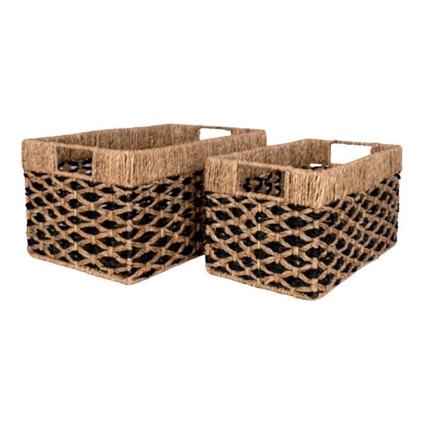 2 rektangulära korgar i svart och ljusbrunt sjögräs kastanj